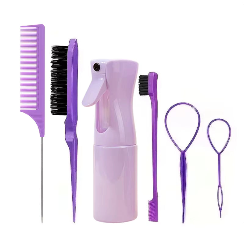 6pcs Hair Brush Set — Hairdressing Spray Bottle, Rat Tail Comb & Edge Control Brush
