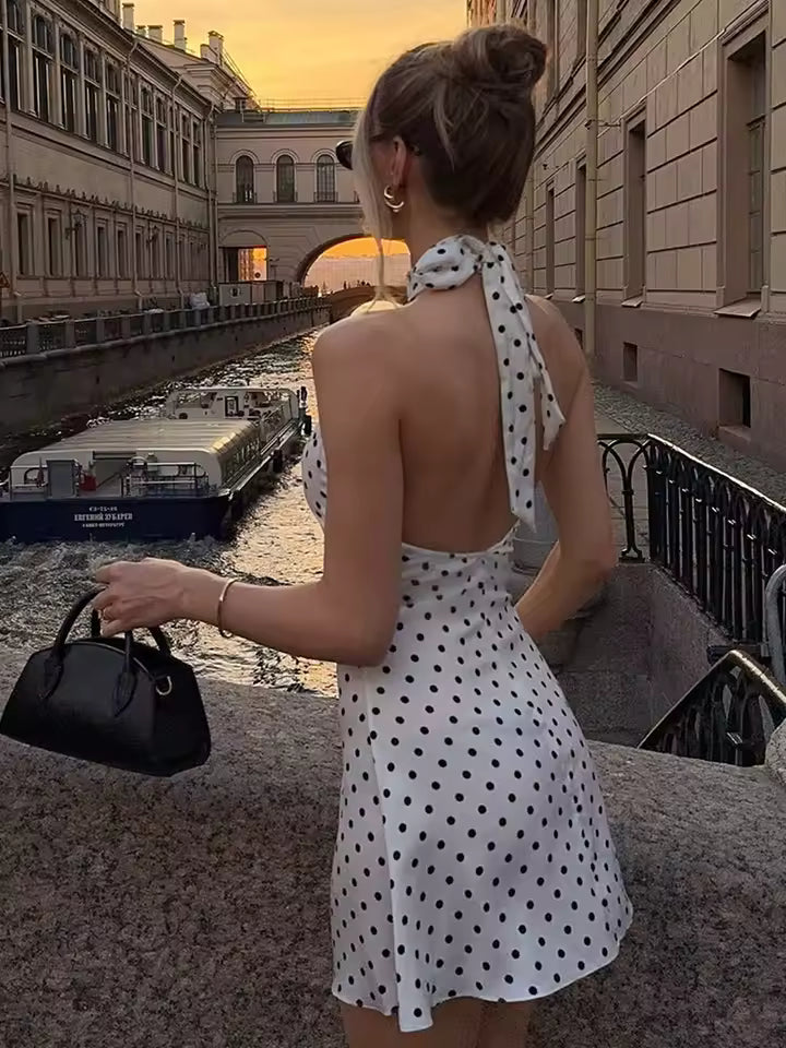 Polka Dot Elegant Off Shoulder Halter Mini Dress – Y2K Club Party Dress