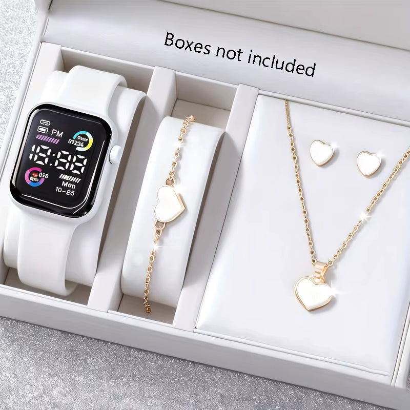 6-Piece Fashion Electronic Watch & Jewelry Set — Necklace, Earrings & Ring for Teens