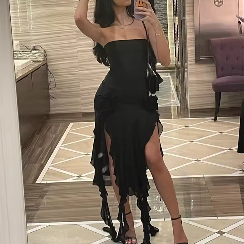 Women Strapless Sexy Floral Mini Dress – High Slit Backless Party Dress