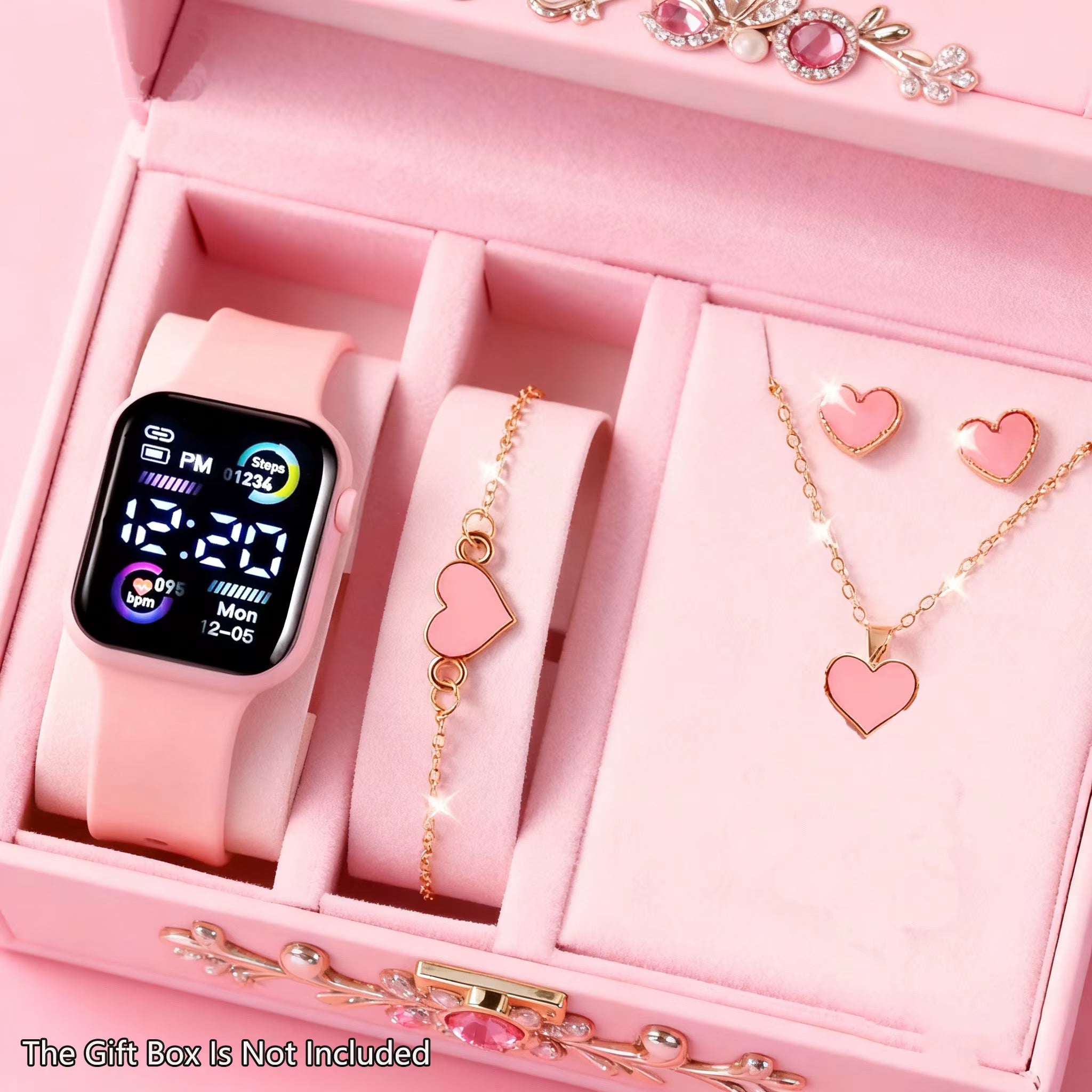 6-Piece Fashion Electronic Watch & Jewelry Set — Necklace, Earrings & Ring for Teens