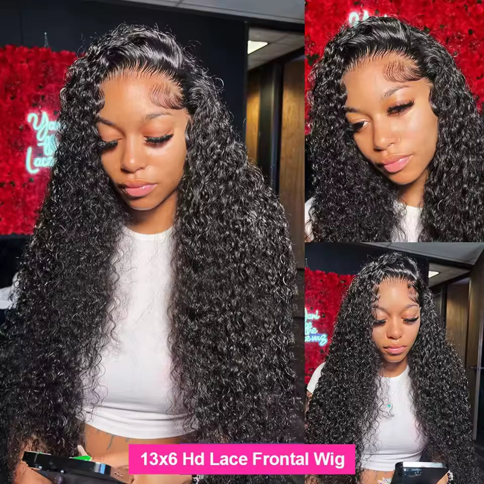 13x6 Glueless 250 Density Brazilian Deep Wave Curly HD Lace Frontal Human Hair Wig For Women Preplucked Water Wig