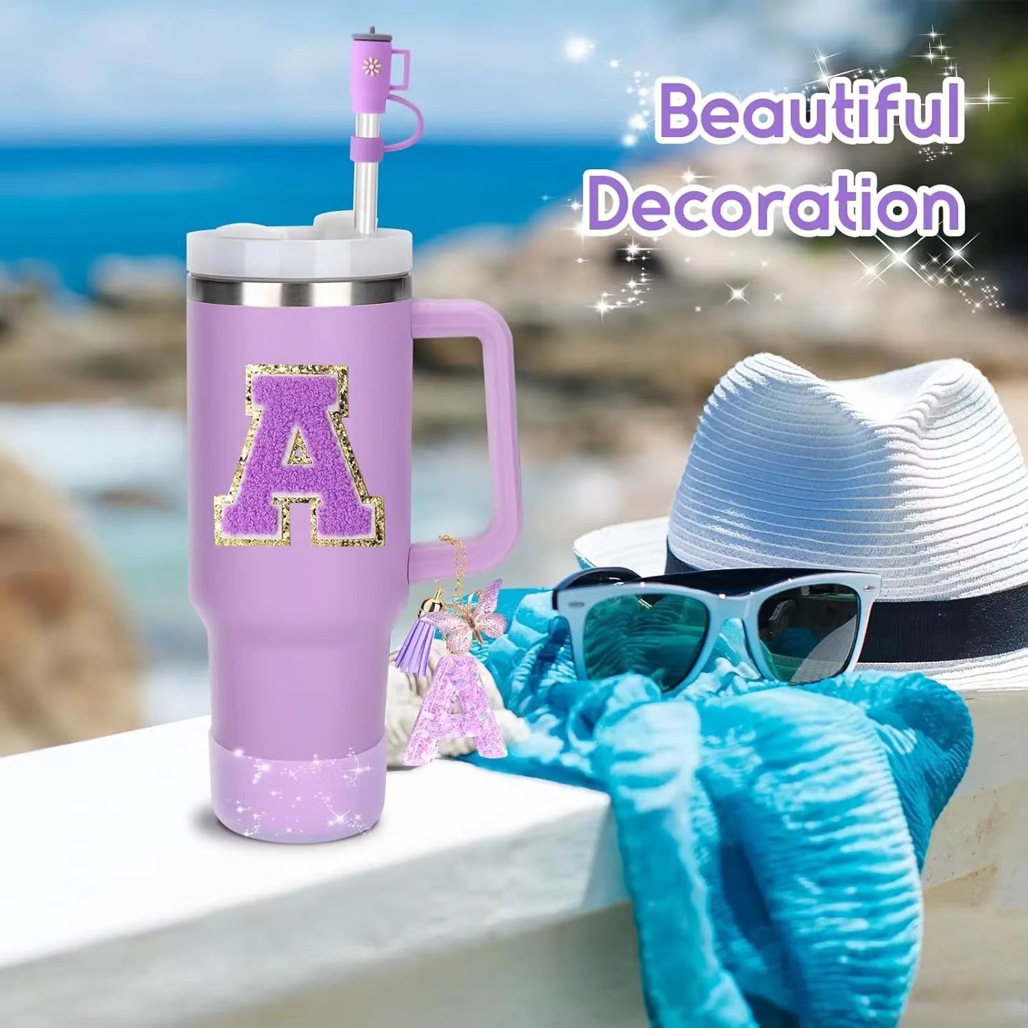8PCS Accessories Set for Stanley Cup Tumbler – Silicone Straw Topper, Boot, Handle & Initial Charm