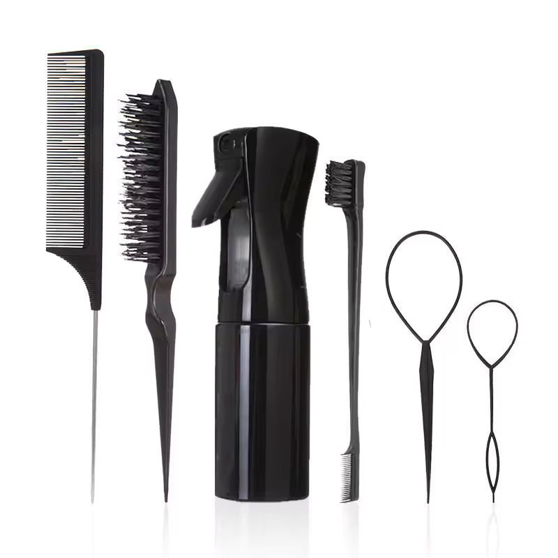 6pcs Hair Brush Set — Hairdressing Spray Bottle, Rat Tail Comb & Edge Control Brush