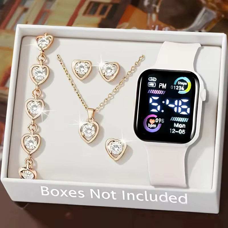 6-Piece Fashion Electronic Watch & Jewelry Set — Necklace, Earrings & Ring for Teens