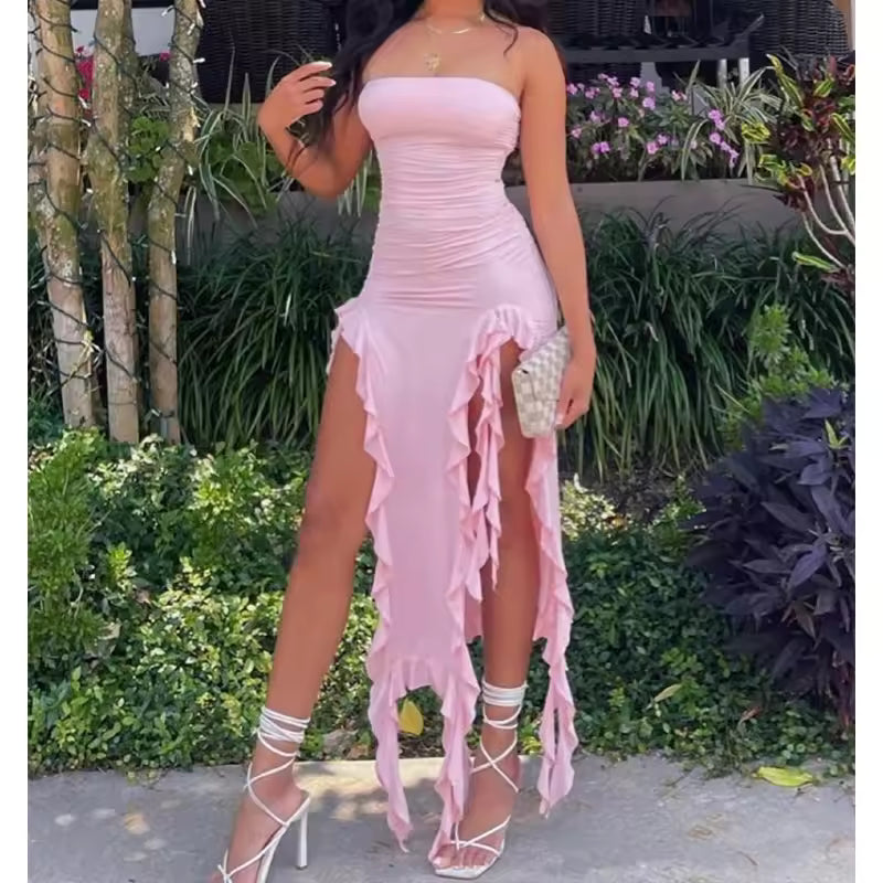 Women Strapless Sexy Floral Mini Dress – High Slit Backless Party Dress