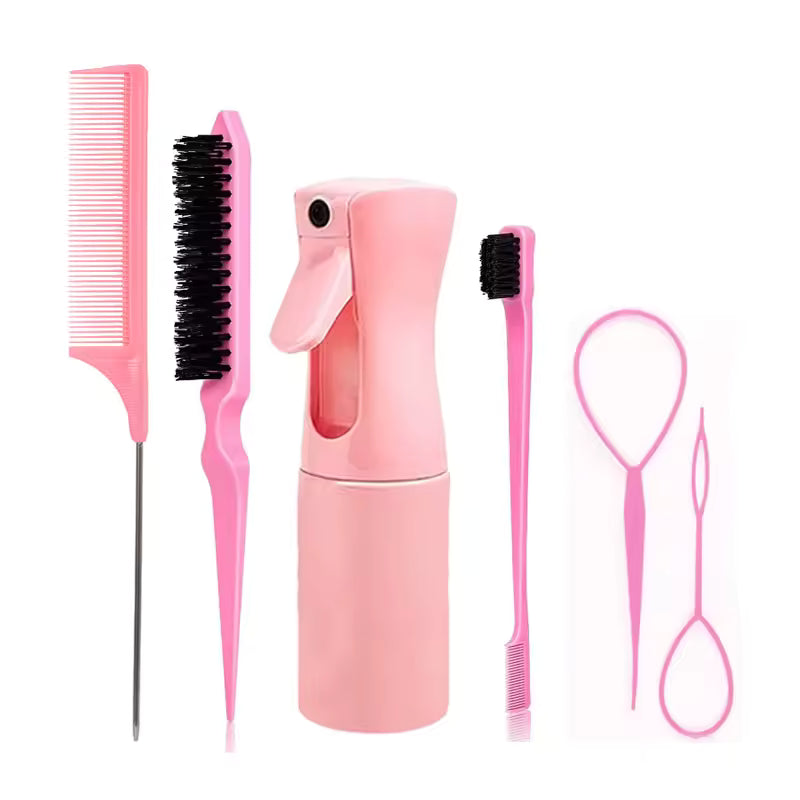 6pcs Hair Brush Set — Hairdressing Spray Bottle, Rat Tail Comb & Edge Control Brush